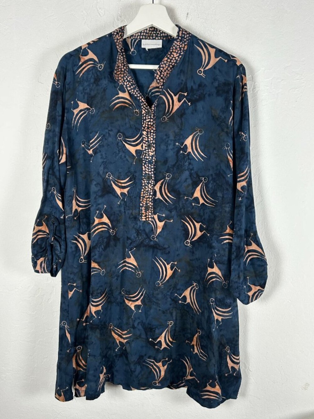 Soft Surroundings Navy Tunic Abstract Bird Print Henley Button Roll-Tab Sleeve